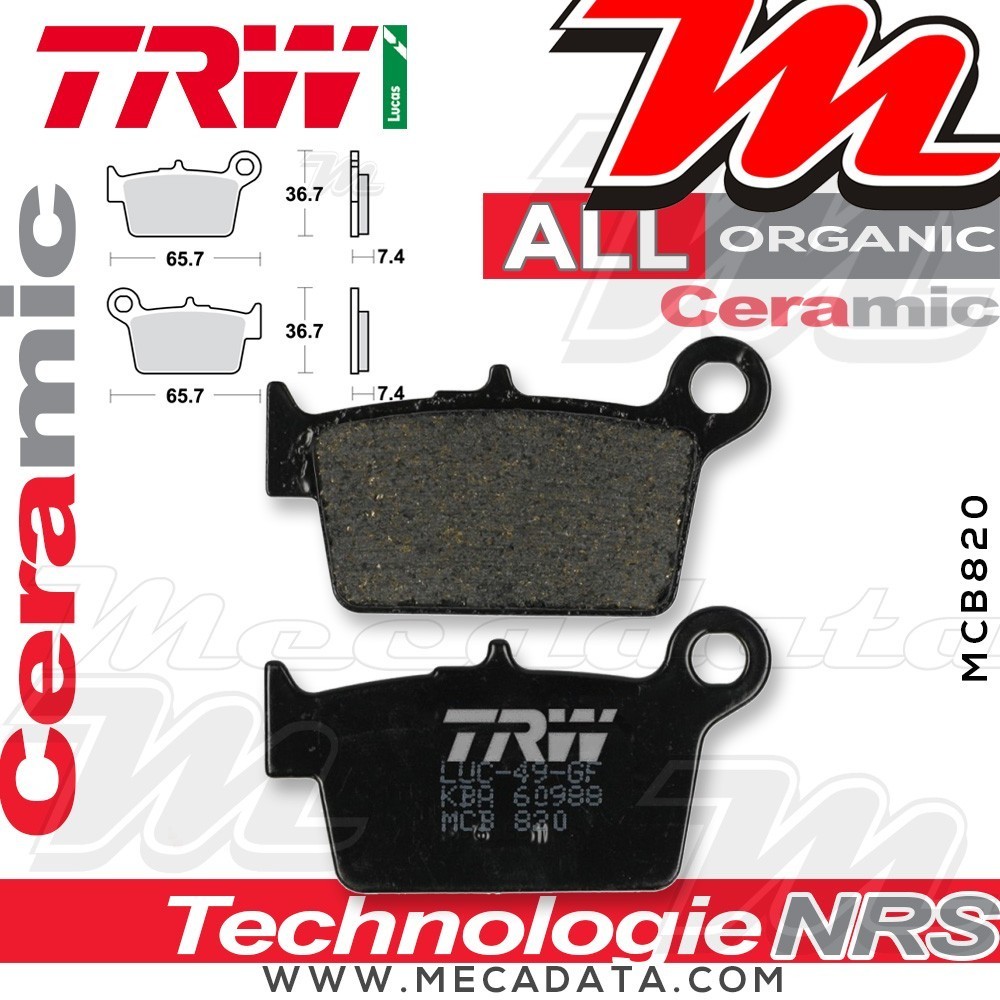 Plaquettes de frein Arrière ~ Beta RR 50 Supermotard 2008+ ~ TRW Lucas MCB 820