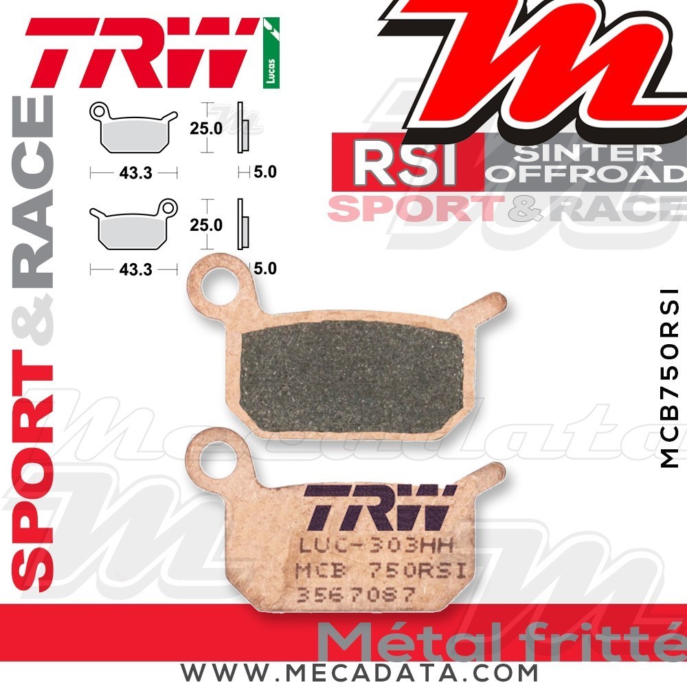 Plaquettes de frein Arrière ~ KTM SX 65 2004-2008 ~ TRW Lucas MCB 750 RSI