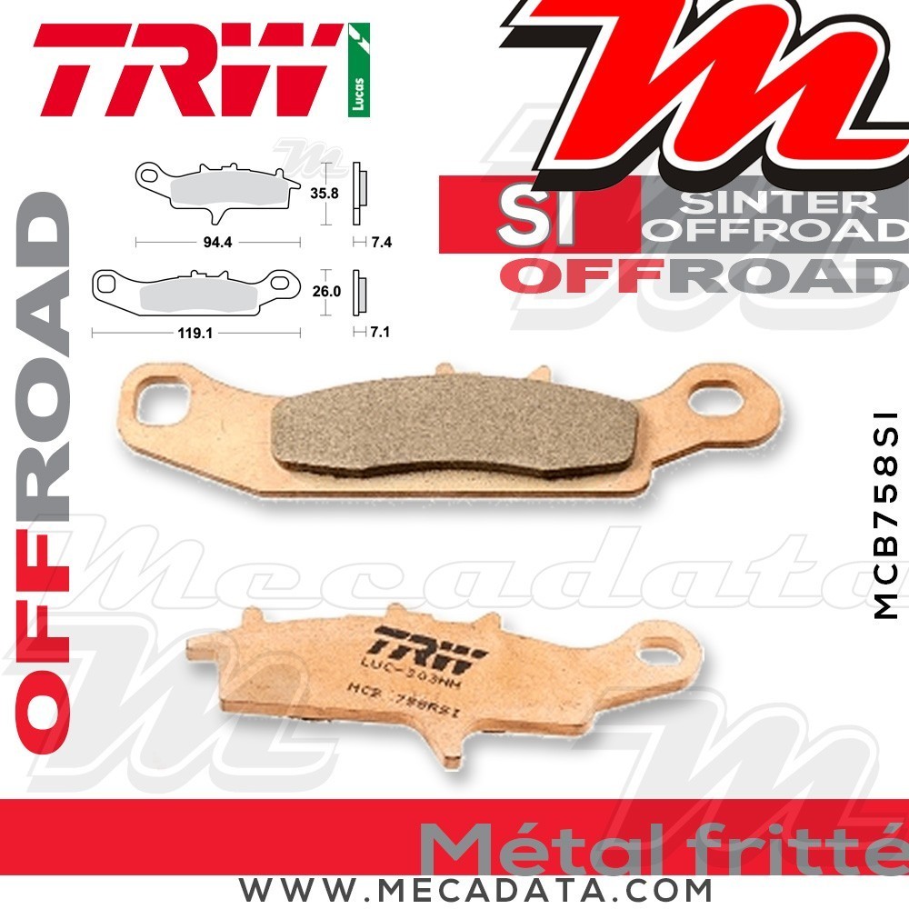 Plaquettes de frein Avant Droite ~ Kawasaki KFX 450 SF450B 2007+ ~ TRW Lucas MCB 758 SI