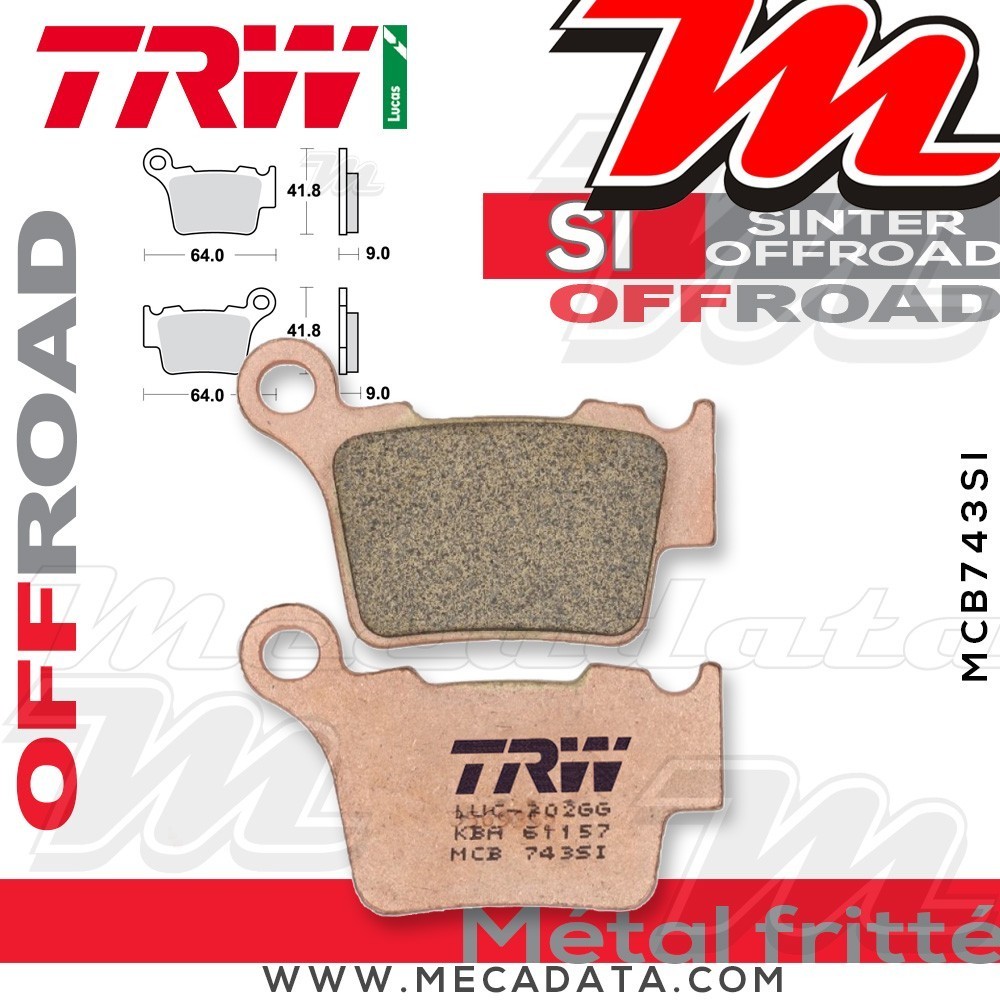 Plaquettes de frein Arrière ~ Husaberg FE 250 2013+ ~ TRW Lucas MCB 743 SI
