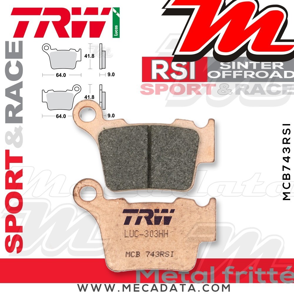 Plaquettes de frein Arrière ~ Husaberg TE 125 2012+ ~ TRW Lucas MCB 743 RSI